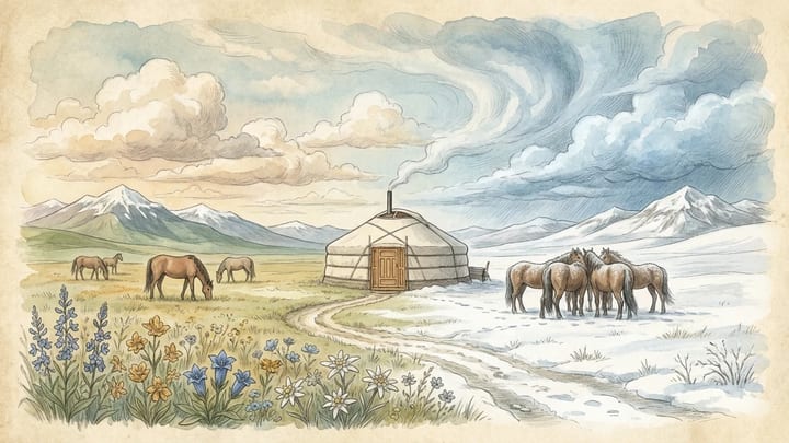 The same Mongolian ger and grassland changing from summer flowers to deep winter snow