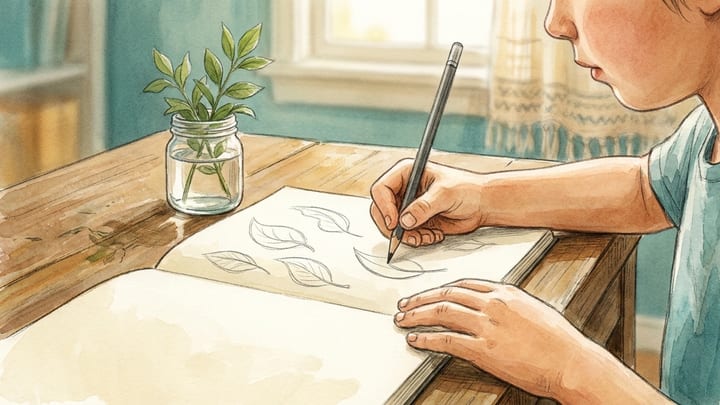 A child practises drawing leaf shapes in a sketchbook beside a leafy sprig