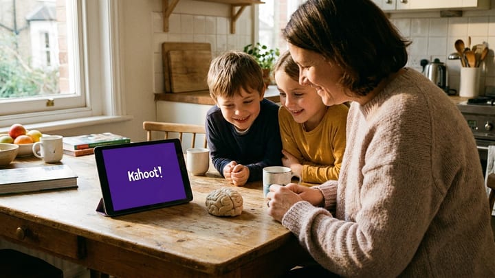 A family-learning scene with a tablet displaying the Kahoot! game