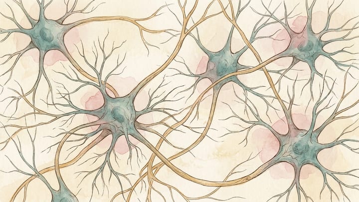 An artistic impression of branching nerve cells in muted teal, rose and ochre