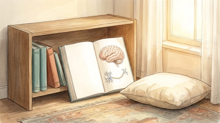 An illustrated reading corner with plain books and an open book of brain and nerve-cell sketches