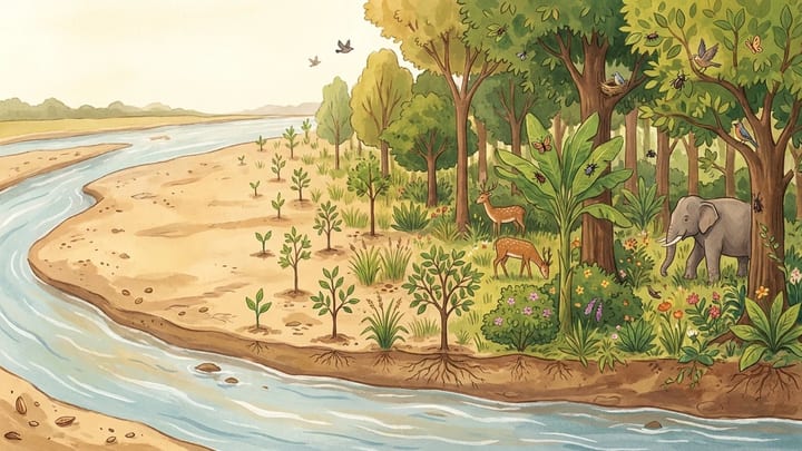 Bare river island changing into a thriving forest