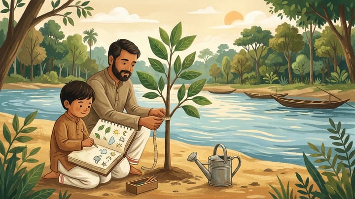 Child recording measurements of a riverside sapling