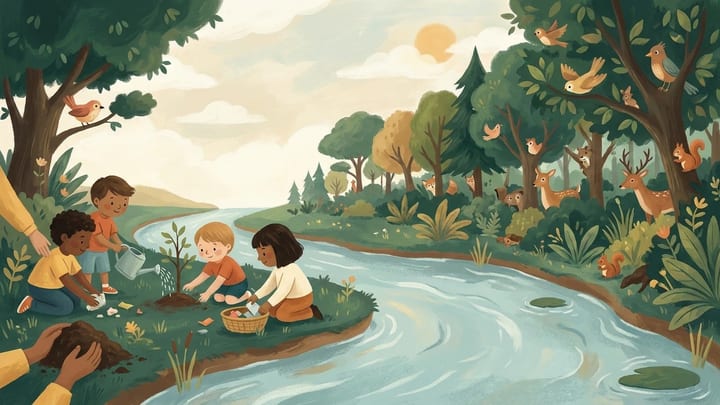 Children caring for a sapling beside a flourishing forest