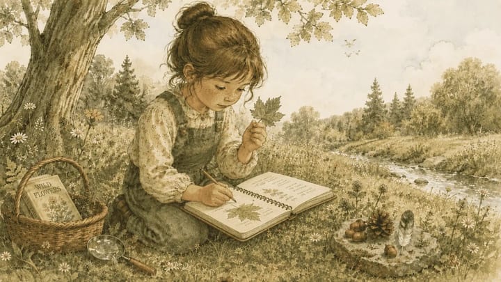 A child looking closely at a leaf before drawing in a nature journal