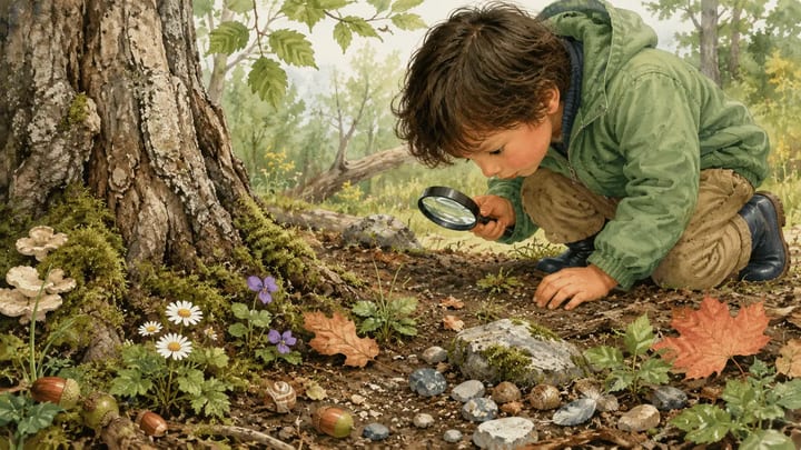 A magnifying glass looking closely at grass, soil and tiny natural details