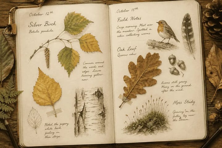 A simple nature journal with leaves, sketches and outdoor notes