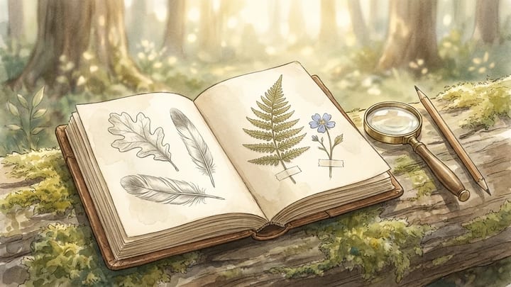 Open nature journal with fern, feather, wildflower and magnifying glass