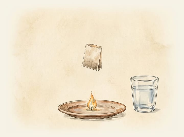 A paper teabag tube rising above a heatproof plate during the Tiny Balloon Trick experiment