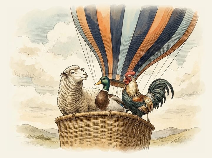 A sheep, duck and rooster travelling in the basket of an early hot air balloon
