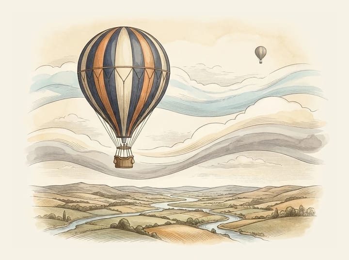 Hot air balloons travelling through different layers of wind above the countryside