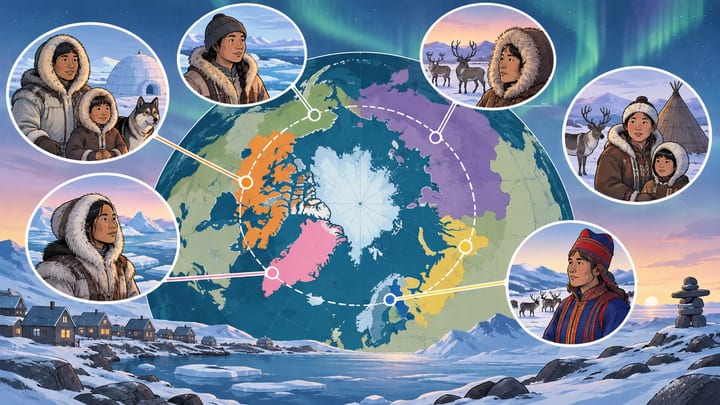 Arctic coastal community beneath northern lights