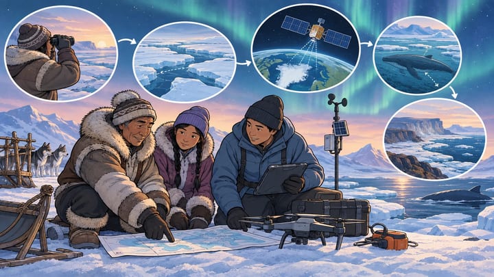 Family beside a qajaq in a contemporary Arctic community