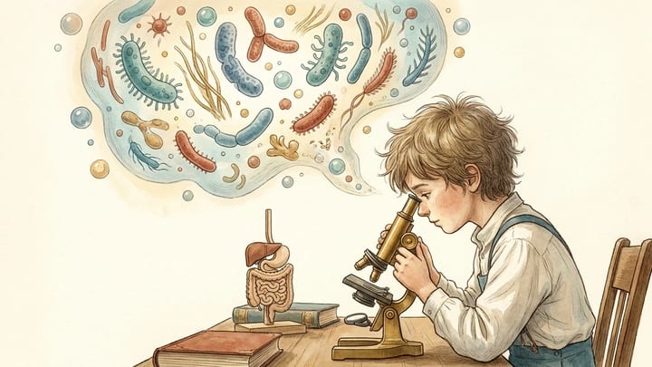 A child using a microscope to explore gut microbes and gas bubbles