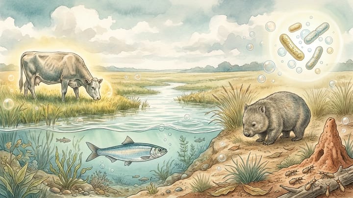 A cow, herring, wombat, termites and microbes in a natural wetland scene