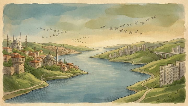 Historic and modern neighbourhoods facing each other across the Bosphorus beneath migrating birds