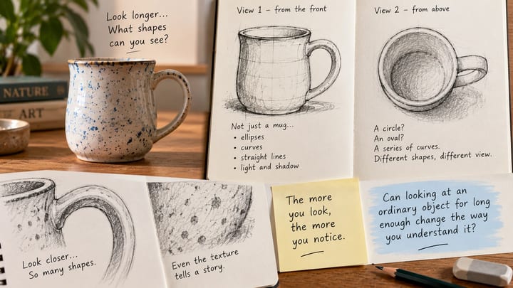 a mug drawn from different angles showing different details