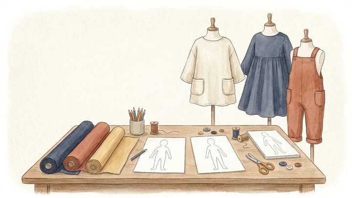 A fashion design table with blank silhouettes, fabrics, tools and practical garments