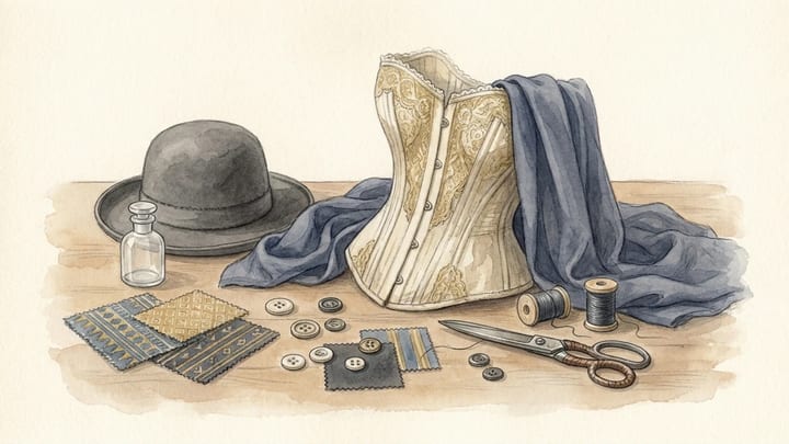 A historical bodice, jersey fabric, hat, perfume bottle and sewing tools