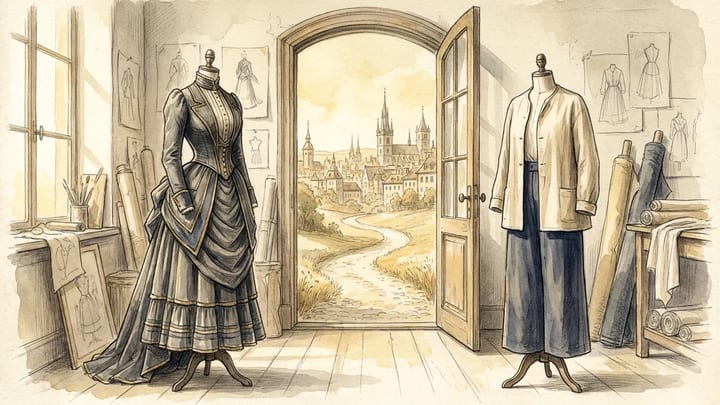 Restrictive historical clothing and practical modern clothing beside an open doorway