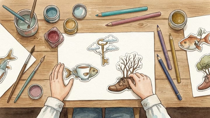 A child arranging ordinary objects into surprising surreal combinations