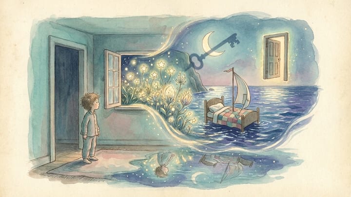 A child watching a bedroom window transform into an impossible sea and sky