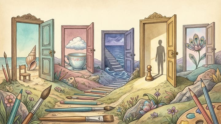 Five doorways opening into different impossible dream worlds