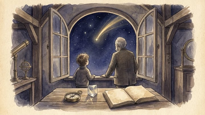 A child and older scientist looking through an observatory window at light curving around a star