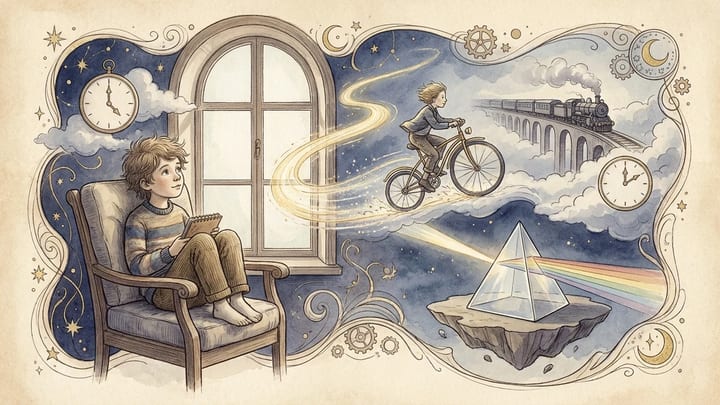 A child imagining a bicycle, train, clocks and a beam of light