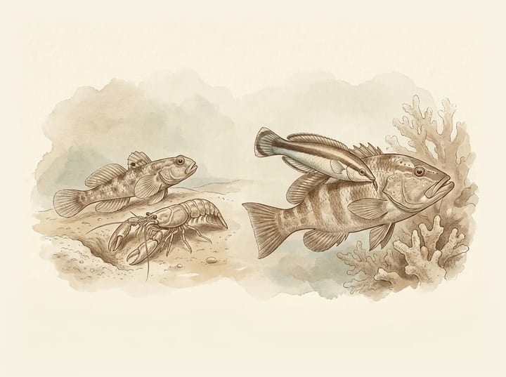 Natural-history illustration of a goby with a pistol shrimp and a cleaner wrasse with a reef fish