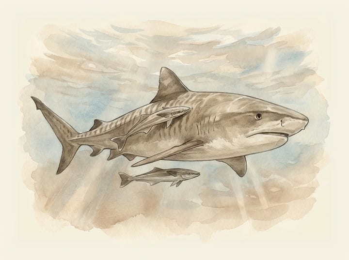 Natural-history illustration of a shark swimming with remora fish