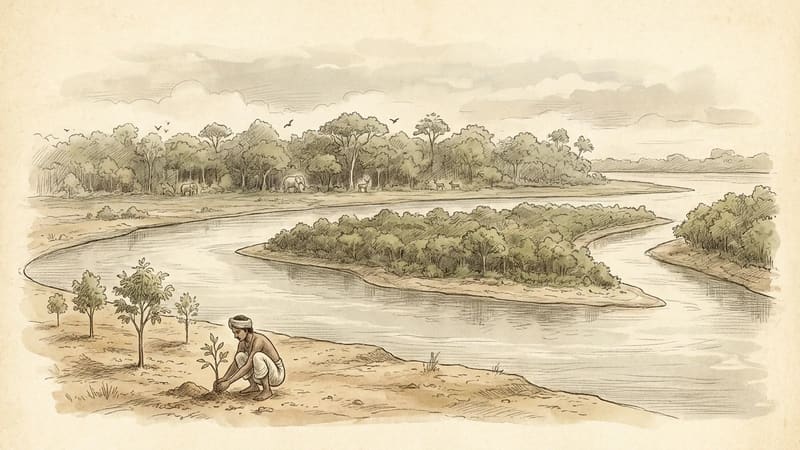 Jadav Payeng planting beside a forested Brahmaputra river island