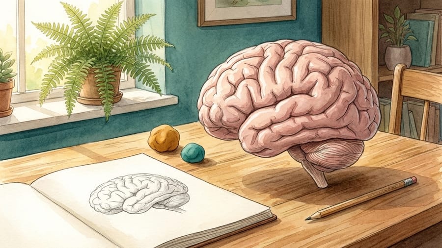 Our Amazing Brain — watercolour illustration of a brain model, playdough and a brain sketch on a sunlit discovery table.