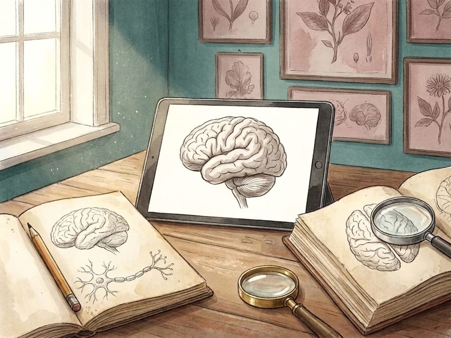A watercolour discovery table with brain drawings on a tablet and in open sketchbooks, inviting further reading and watching.