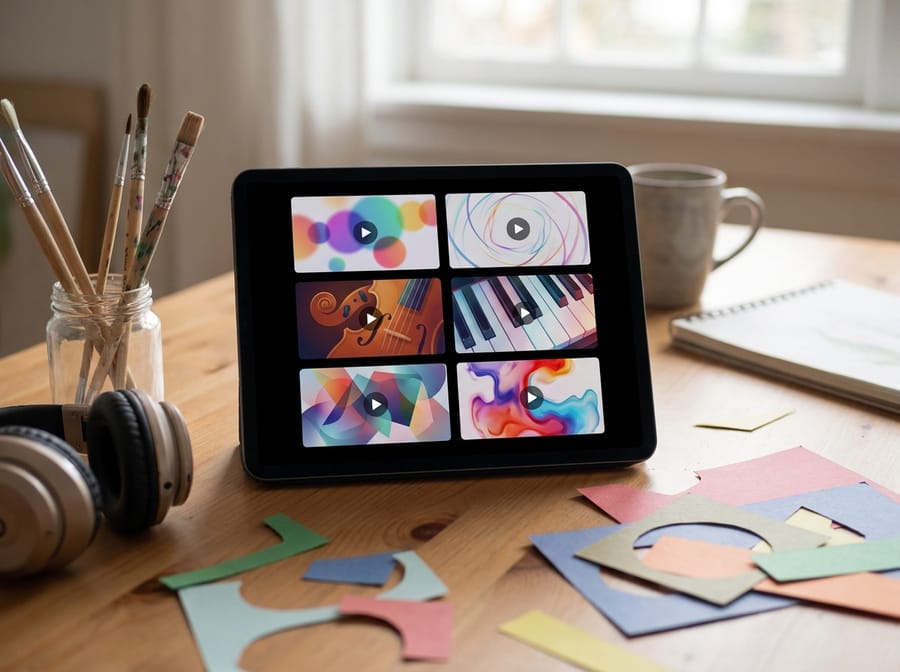 A tablet showing abstract colour, shape and music videos beside headphones and art materials