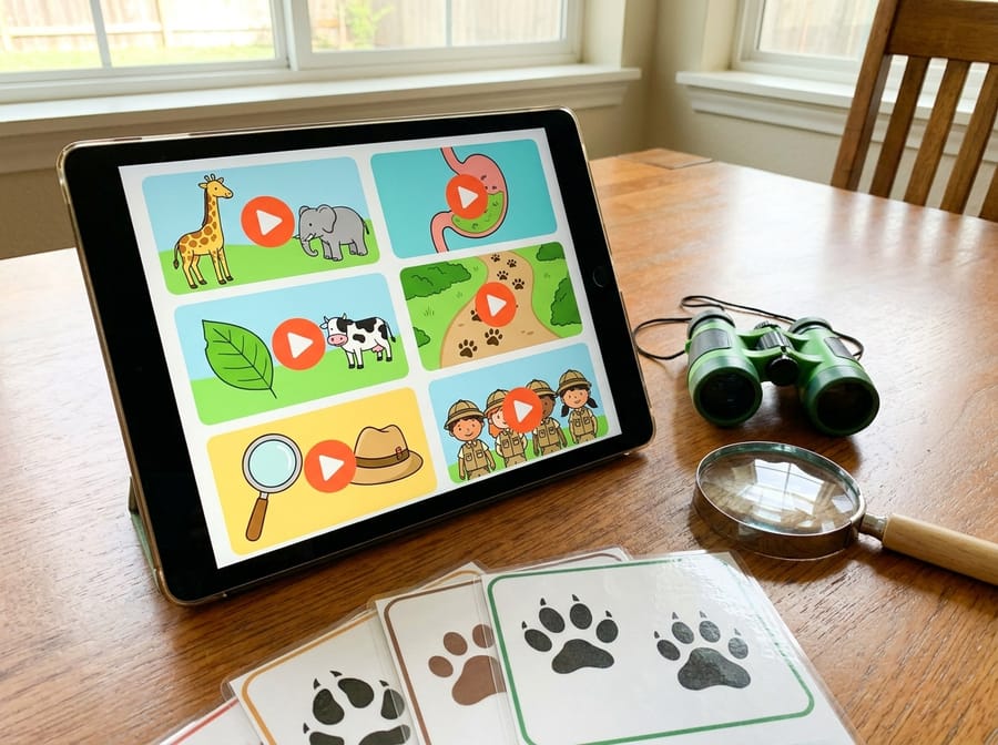 A tablet showing child-friendly videos about animals, digestion and wildlife tracking
