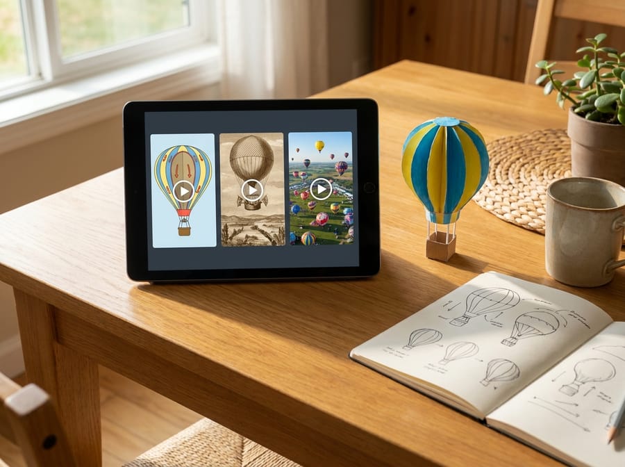 A tablet showing hot-air-balloon science, first-flight history and balloon-festival videos beside a model balloon and notebook