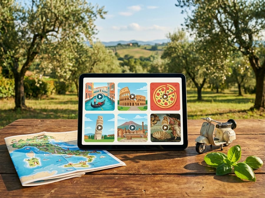 A tablet showing videos about Venice, Rome, pizza, Pisa and Pompeii
