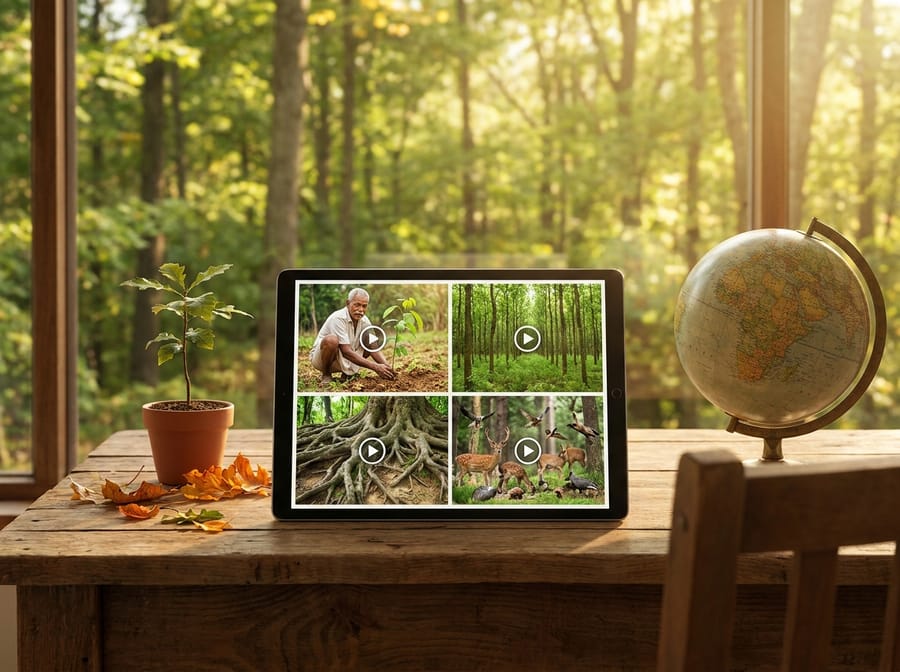A tablet showing forest planting, tree roots and wildlife videos beside a seedling and globe