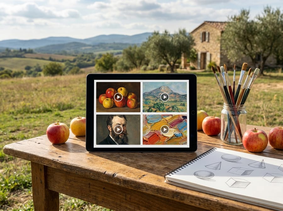 A tablet showing apple still lifes, mountain landscapes and brushstroke videos beside apples and painting tools