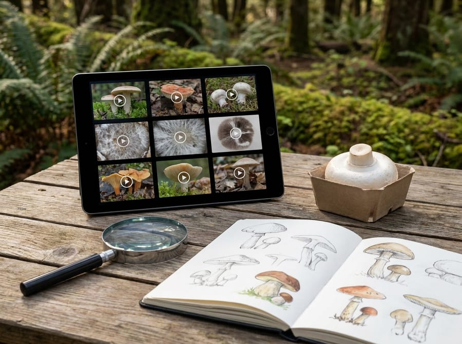A tablet showing mushroom, mycelium and spore-print videos beside a magnifying glass and illustrated fungi notebook