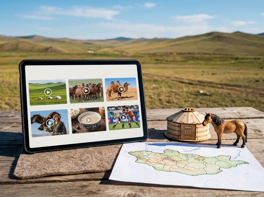 A tablet showing the steppe, gers, horses, camels, eagle hunters and Mongolian tea