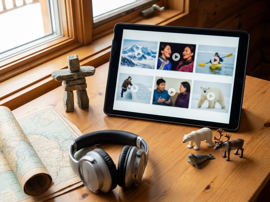 A tablet showing Arctic landscapes, Inuit throat singing, qajaqs and snow-house engineering