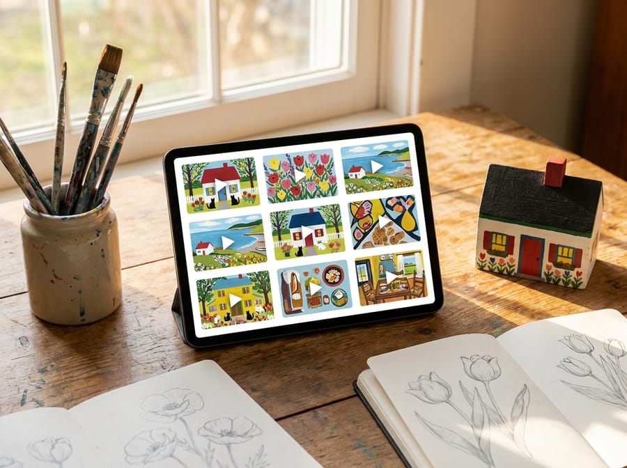 A tablet showing colourful folk-art, painted-house and artist-story videos beside brushes and a small painted house