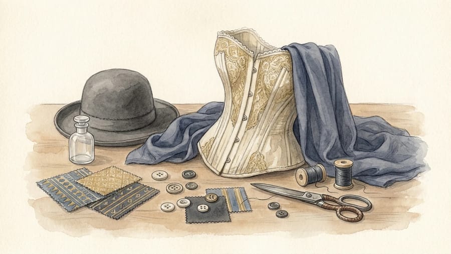 A historical bodice, jersey fabric, hat, perfume bottle and sewing tools