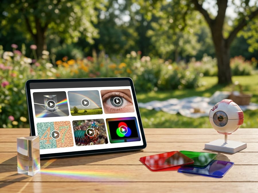A tablet showing videos about prisms, eyes, colour vision and light