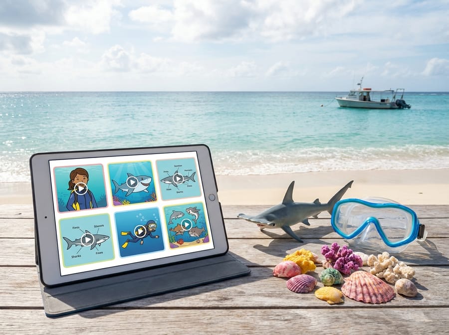 A tablet showing shark, scuba and marine-science videos beside ocean-learning materials