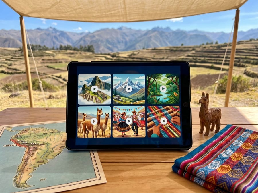 A tablet showing Machu Picchu, the Andes, Amazon, vicuñas, festivals and weaving