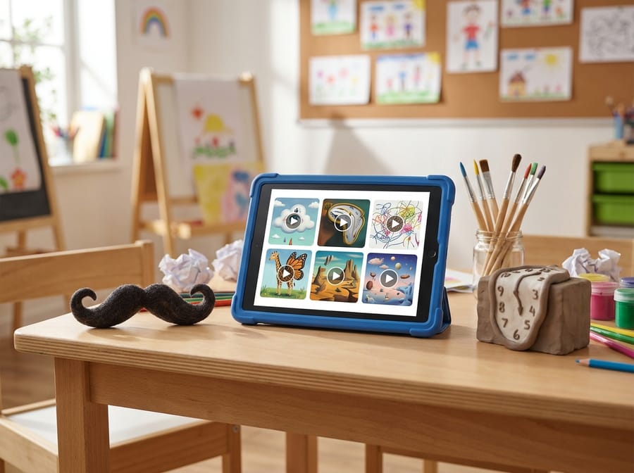 A tablet showing dream, surrealism and automatism videos beside imaginative art materials