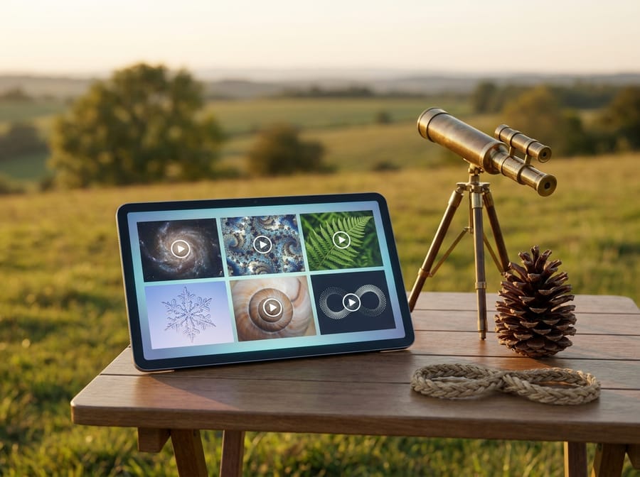 A tablet showing videos about galaxies, fractals, numbers and repeating patterns